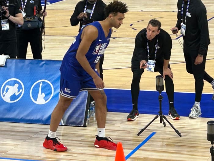 Former Indiana star Trayce Jackson-Davis waits at the starting line to start an agility drill during the NBA Draft Combine on Monday in Chicago. (HoosiersNow.com photo by Tom Brew)